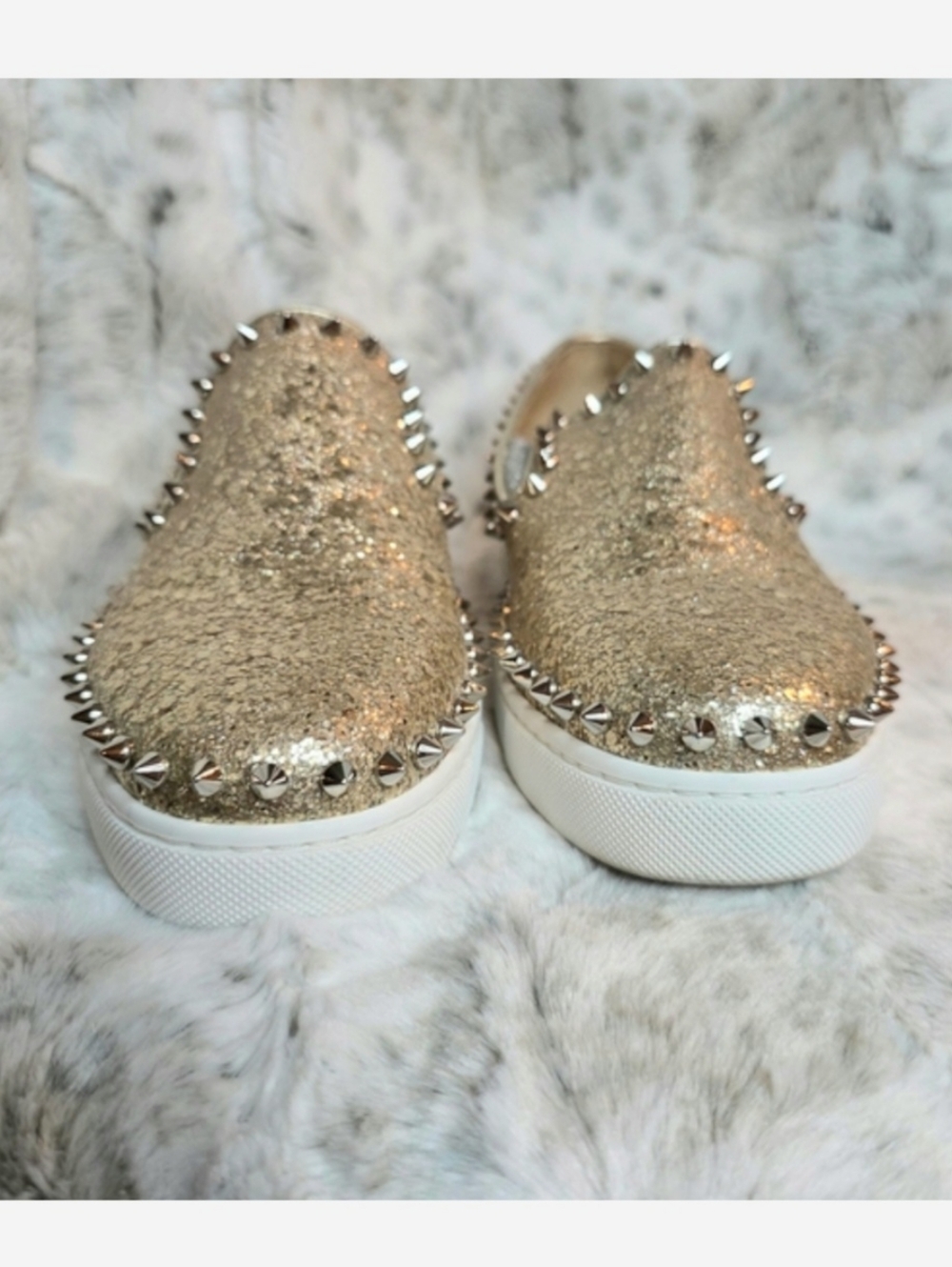 Christian Louboutin Pik Boat slip-on Spiked Leather Sneakers Silver Gold EU 37.5 - Picture 6 of 11